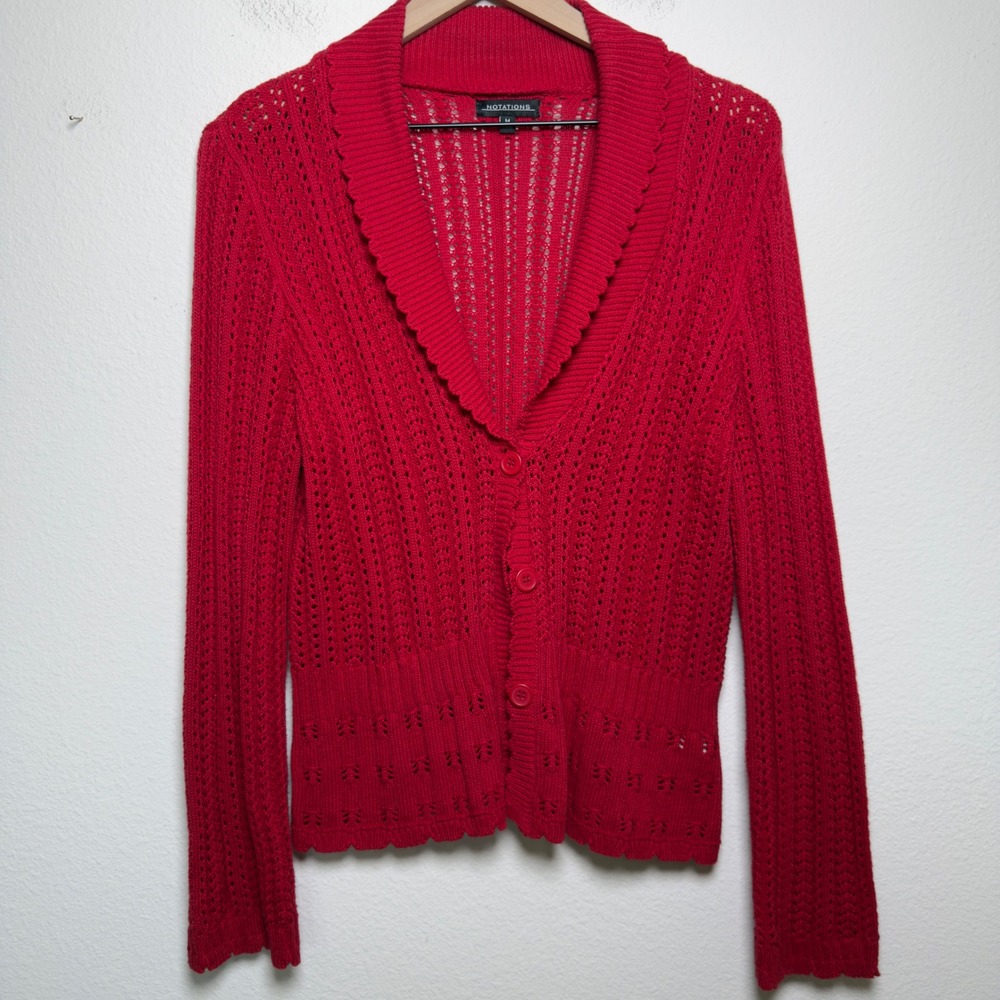 VTG Y2K Coquette Women‎ Cardigan Medium Red Pointelle Knit Festival Boho Cottage